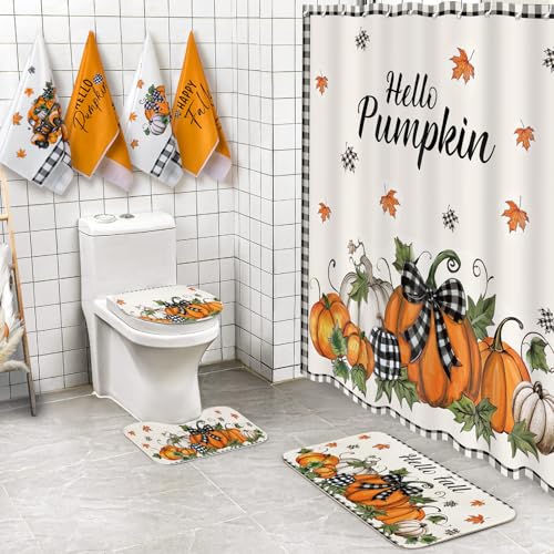 VitalCozy 8 Pcs Fall Shower Curtain Set Pumpkin Shower Curtains with Rug Toilet Mat Lid Autumn Cover Towels and Hook for Thanksgiving Bathroom Accessories