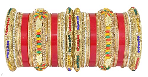 Image of NMII Traditional Gold Plated Acrylic Bangles Bridal Chuda Set For Women & Girls with Zircon Diamond & Pearls Beads Work | Royal Wedding Chudas | Premium Look | Bangles For Wedding, Festive, Function