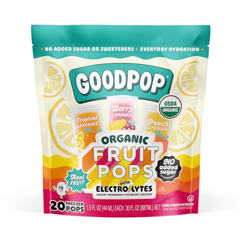 GoodPop - Electrolyte Hydration Assorted Flavor Freezer Ice Pops - 100% Fruit Juice, No Artifical Dyes or Flavors, No Added Sugar, Top 9 Allergen Free, 20 Count