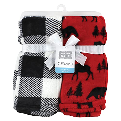 Image of Hudson Baby Unisex Baby Silky Plush and Coral Fleece Blanket, Red Moose Bear, 30x36 inches