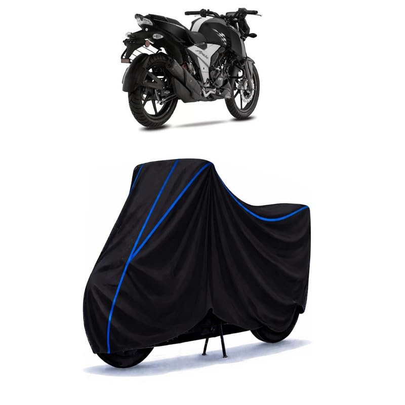 Image of TVS Apache RTR 125 4W UGX BS6 Bike Cover Water Resistant Universal Motorcycle Rain | Heavy Duty UV Protection, Dust, Scratch Indoor Outdoor All Weather with Black Blue Piping Elastic