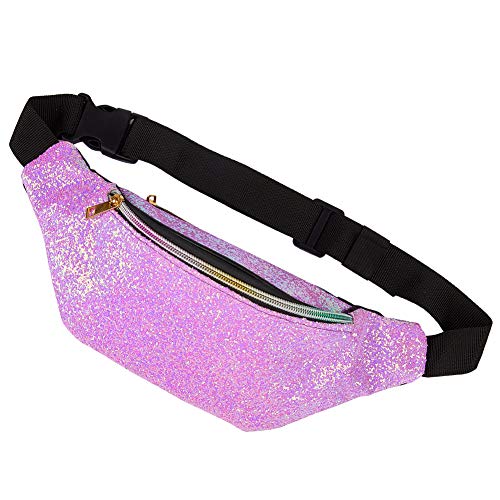 Basumee Kids Fanny Pack for Girls Glitter Fanny Pack Shiny Waist Bag for Kids Sports with Adjustable Belt, Purple