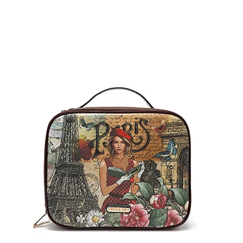 Nicole Lee Travel Handbag Crossbody Set with 3 Fashion Print Makeup Pouches, Women's Cosmetic Toiletry Organizer (Paris Fashion Week)