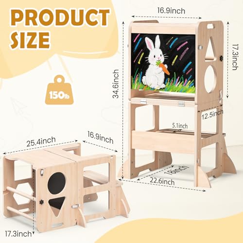 Image of Woodure 4-in-1 Toddler Kitchen Step Stool, Foldable Learning Standing Tower with Blackboard, Wooden Kitchen Stool Helper for Kids, 1-3 Year Old Boy Girl Gifts