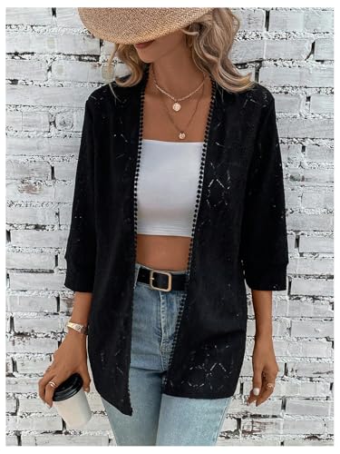 Image of MakeMeChic Women's Open Front Cardigan Sweater Hollow Out 3 /4 Sleeve Cardigan Black Small