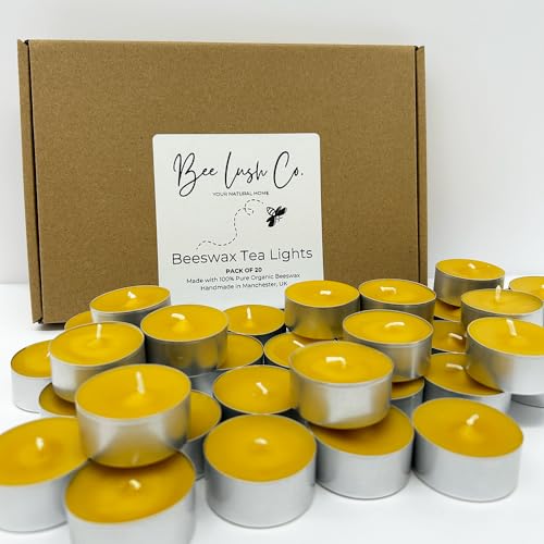 BeeLushCo Pack of 20 Pure Organic Beeswax Tea Lights Candles, Non-Toxic, 100% Natural Bees Wax, Cotton Wick, Eco Friendly, Allergen Safe, Handmade in The UK