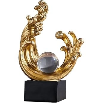 Modern Abstract Decorative Wave Statue Golden Abstract Art Home Decor Crystal Ball Art Wave Resin Sculpture Office Desk Stand Dining Table Centerpiece Decorative Aesthetic