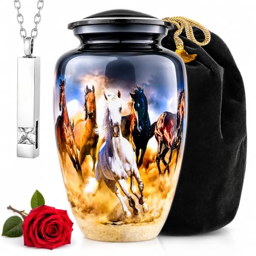 Image of Horse Cremation Urns for Men & Women with Ashes Necklace & Velvet Bag | Running Horses in Desert Theme Urns for Human Ashes Adult Man | Large Urn for Ashes Adult Male & Female - Gray, 220 lbs