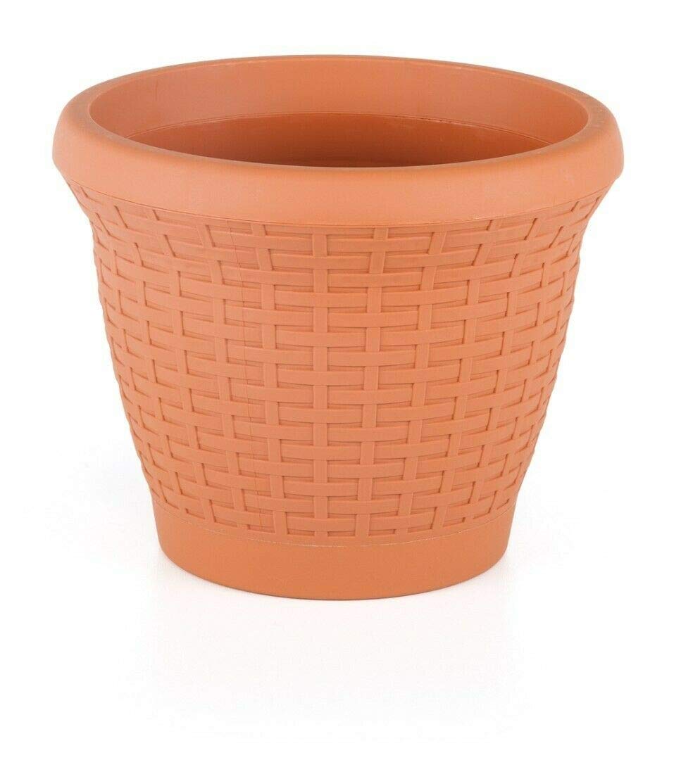 Tamersgifts Rattan Style Plastic Round Plant Pot 35.5cm Terracotta – Self Watering Indoor & Outdoor Garden Planter with Removable Saucer – 15L