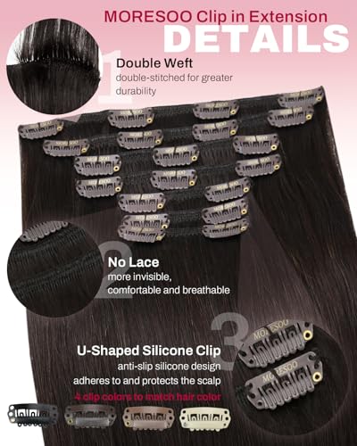 Image of Moresoo Clip in Hair Extensions Remy Double Weft Human Hair Clip in Extensions Straight Hair Extensions for Women Dark Brown #2 7pcs 150g 20inch