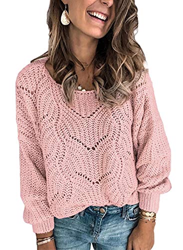 Dokotoo Sweater Women Ladies Cute Soft Thick Crewneck Solid Hollow Out Chunky Autumn Winter Fall Cozy Long Sleeve Cable Knit Pullovers Sweaters for Women for Women Pink S