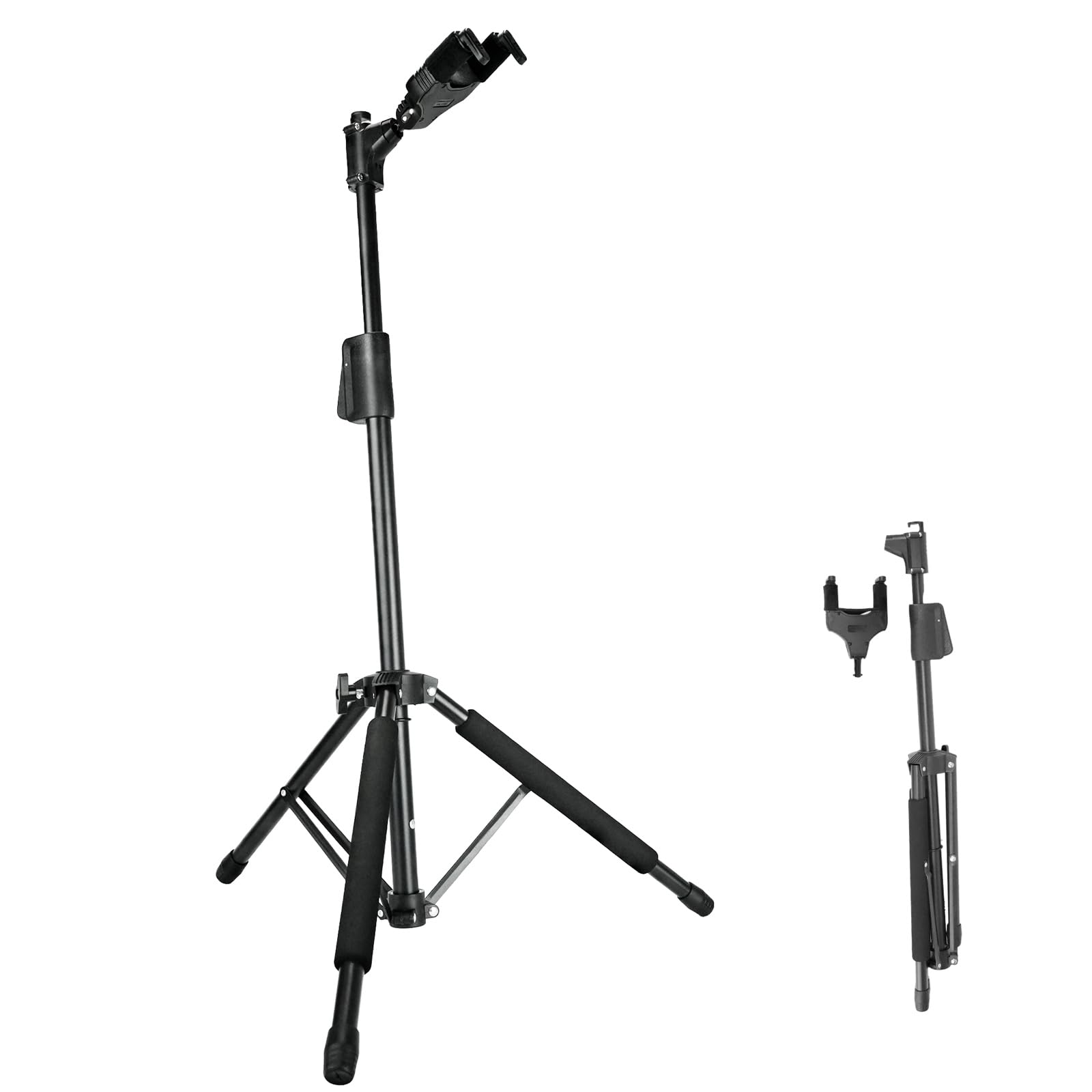 Aroma Black Bass Stand Universal For Acoustic Electric Classical Guitars Floor Stand Foldable With Auto-Lock Neck Holder Soild Tripod One Button Lift