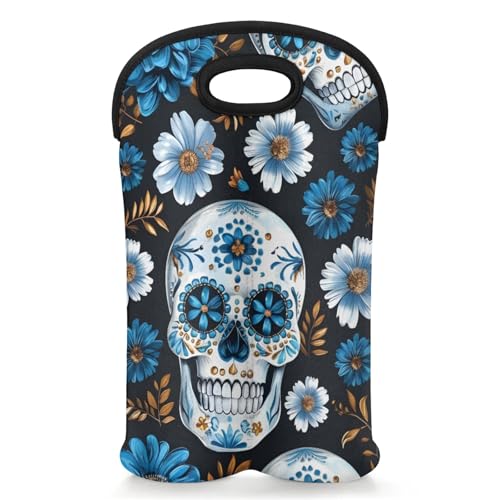 GzLeyigou 2 Bottles Skull Flowers Pattern Wine Bag Sleeve Totes Neoprene Protective Wine Carrier Bag for Wine,Water, Champagne, Beer, Baby Bottles,Gift 14.5 x 10 Inches