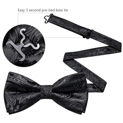 Image of Barry.Wang Paisley Striped Bow Tie for Men Silk Pre-Tied Bowtie Pocket Square Cufflinks Set Formal Wedding Party Prom