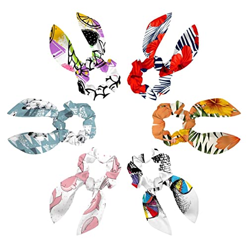 6PCS Hair Scarf Scruncheis for Women Girls, Ribbon Bow Elastic Hair Ties Bands Satin Hair Ribbon Scrunchy Ponytail Holder Accessories,Red Flowers and Palm Leaves