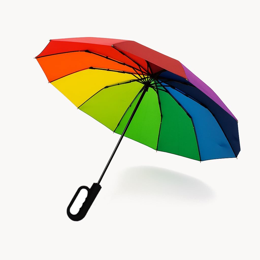 COLLAR AND CUFFS LONDON Rare 12 RIB Compact Rainbow Umbrella for Rain - 50MPH - Best for Auto Open Close - Strong Windproof Frame with Fiberglass - Travel Backpack Multicoloured Bright