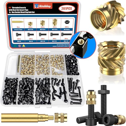 Image of 261Pcs M4 Heat Set Insert with Screws & Insert Tips Brass Threaded Inserts Female Knurled Nuts Assortment Kit for Plastic and 3D Printing Components
