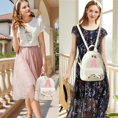 Image of Initial Cute Mini Backpack for Women, Bowknot Small Backpack Purse Personalized Letter Style Travel Leather Backpack Shoulder Bag, White (Letter A)