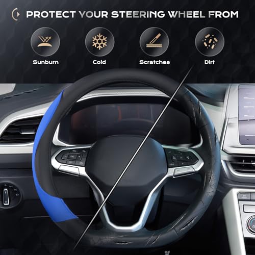 Image of Coverado Car Steering Wheel Cover, Nappa Leather Black & Blue Steering Wheel Covers for Women, Universal 14-15 inch, Anti-Slip, Breathable Steering Wheel Protector