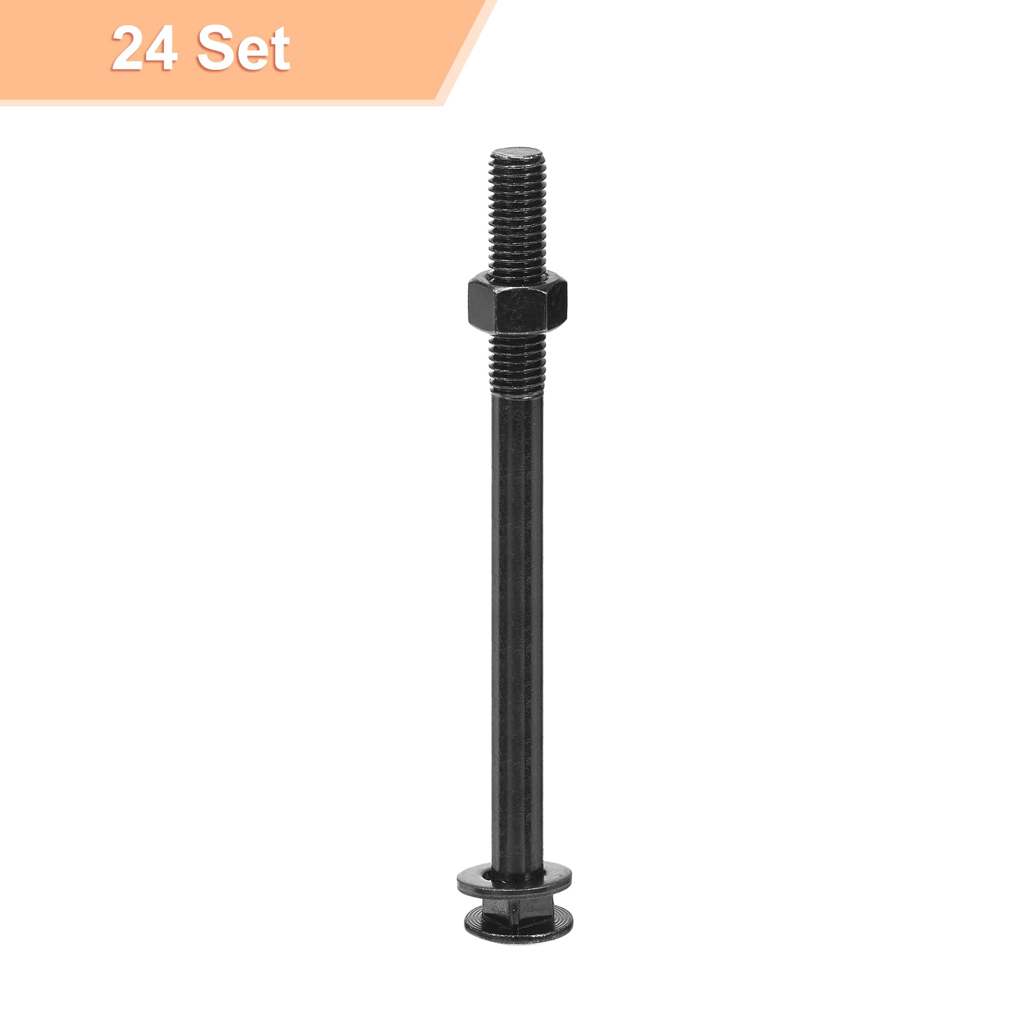 sourcing map Bulloni a testa quadrata M12 x 150 mm con dadi e rondelle, 24 viti in acciaio inossidabile 304 a testa tonda a collo quadrato, nero