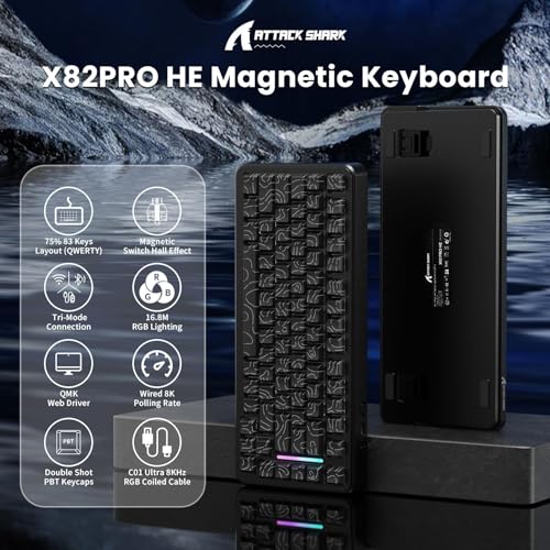 ATTACK SHARK X82PRO HE 75% Bezprzewodowa Szybka Przełącznik Magnetyczny Klawiatura, 8000 Przewodowa Klawiatura Gamingowa, Przełączniki Hall Effect z Regulowaną Aktywacją, QWERTY, C01 RGB Kabel -Czarna