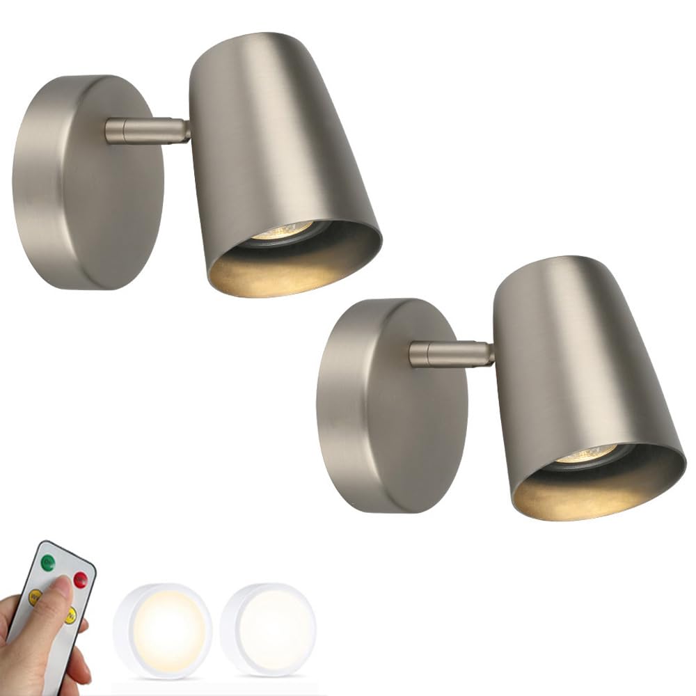 Swemopp Light Rechargeable Battery Operated Wall Sconces Brushed Nickel Set Of 2 Wall Decor Remote Cordless Wall Metal Industrial Farmhouse Wireless Wall Lamp For Bedside Bedroom Headboard