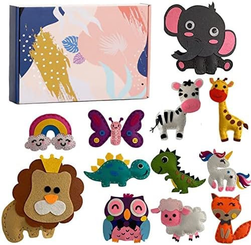 Animal Felt Sewing Kit for Kids - Felt Craft Kits for Children Age 6-12, First Sewing Kits for Beginner Boys and Girls, Stuffed Wild Animals DIY Art Fun Educational Toys, Crafts Felt Set of 12
