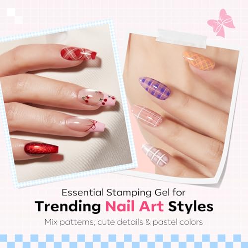 Image of Modelones 16PCS Plaid Nail Stamping Kit - French Tip Stamper White Black Painting Gel Polish Chrome Powder Proof Matte Gel Top Coat Gingham Template Dual Nail Art Brush Summer Manicure Gift for Women
