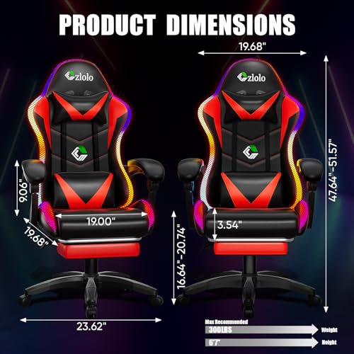 Image of Czlolo Gaming Chair, Racing Style RGB LED Lights Gaming Chairs for Adults and Kids, Lumbar Massager Gamer Chair, High Back Reclining Computer Chair with Footrest and Headrest (Black /Red)