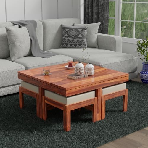 Image of Solid Sheesham Wood Coffee Table with 4 Stool | Square Centre Table with Stool | Center Table with 4 Stools for Living Room | Patio Table with 4 Puffy for Home | Natural Teak, Pre Assembled
