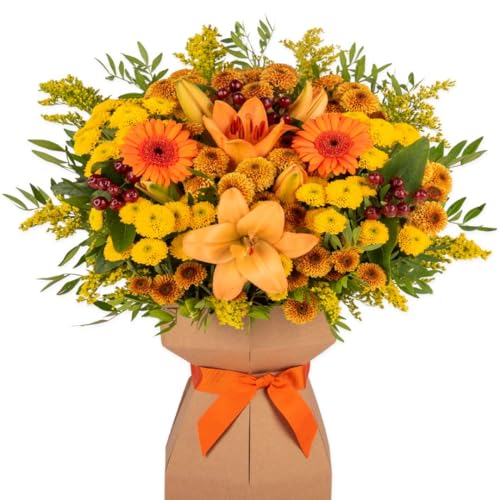 Autumn Harvest Fresh Flower Bouquet Delivered in Presentation Vase | Lily, Solidago, Germini & Seasonal Greenery | Natural Card Vase and Orange Satin Ribbon | AMFL011