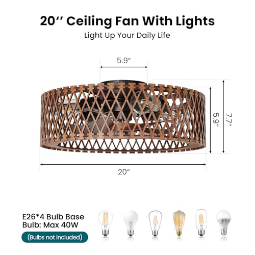 Image of 20 inch Flush Mount Ceiling Fan with Light, Wooden Caged Low Profile Fandelier with Remote, 6-Speed Reversible Bladeless Fan, Farmhouse Ceiling Fan for Bedroom, Kitchen, Living Room