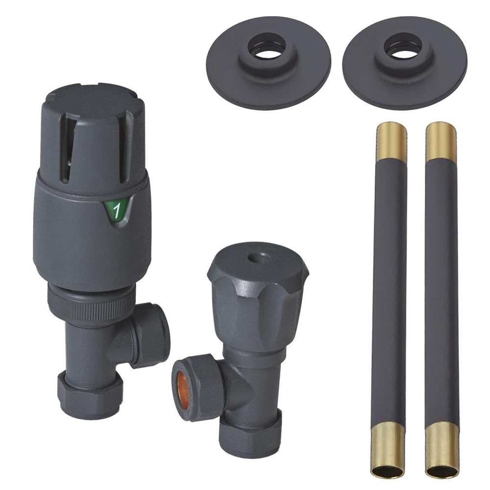 Milano Anthracite Angled Thermostatic Heated Towel Rail Radiator Valves Pipe Connector Kit