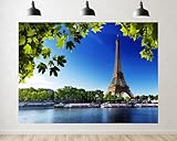 Trykid 20x10ft Eiffel Tower Seine Backdrop Green Leaves Blue Sky Parisian Skyline Photography Background Romantic Wedding Travel Blog Tapestry Party Decoration Photo Studio Prop Fabric