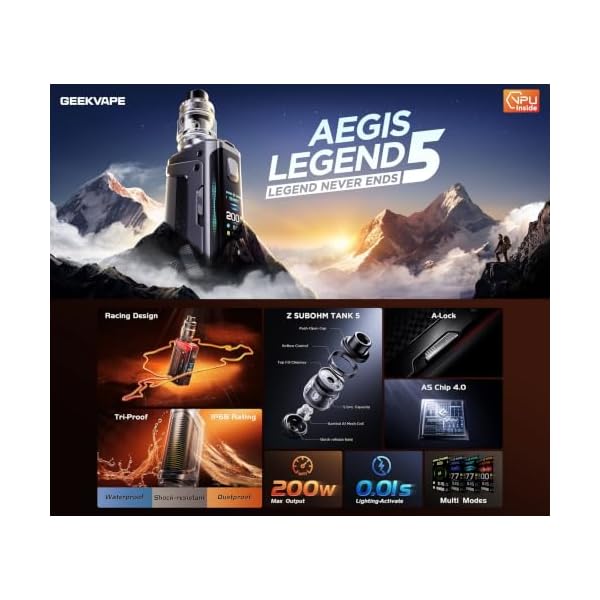 GEEKVAPE Aegis Legend 5 Kit - 200W Legend 5 Box Mod 5 Modes Vape avec GeekVape Z Sub Ohm Tank 5 Réservoir 7ml Z0.4XM + Z0.2XM Coil, Sans Batteries, sans nicotine