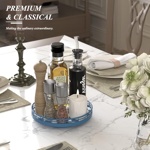 Image of Premium Rubber Wood Lazy Susan Turntable, Blue White Checkerboard Decorative Serving Tray, Hand-Welded Metal Railing, Stable Rotating Organizer for Dining Table, Kitchen Counter, Coffee Table Decor