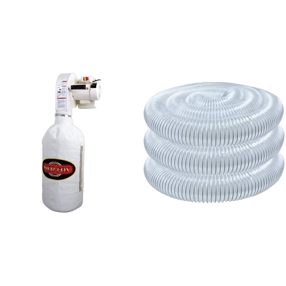 Shop Fox W1826 Wall Dust Collector, 2.5 Micron Filtration & POWERTEC 70143 PVC Dust Collection Hose (4 Inch x 20 Feet), Flexible Clear View Heavy Duty PVC Hose
