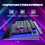 RisoPhy Gaming Keyboard, 104 Keys All-Metal Panel, Rainbow LED Backlit Silent Computer Keyboard, Wrist Rest, Multimedia Keys, Anti-Ghosting, Waterproof Light Up Wired Keyboard for PC Mac Gamer - Image 3