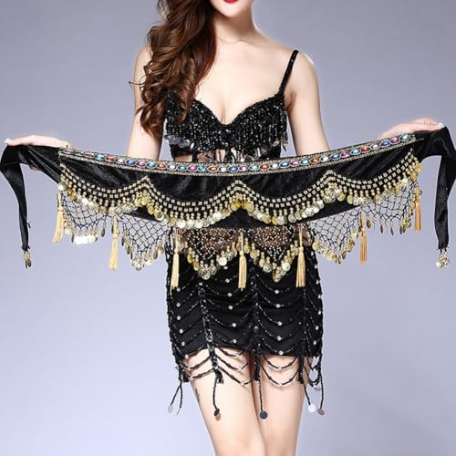 Women's Triangle Style Belly Dance Coin Scarves Hip Wrap Tassel Belt Skirt with Loud-sound Gold Coins3