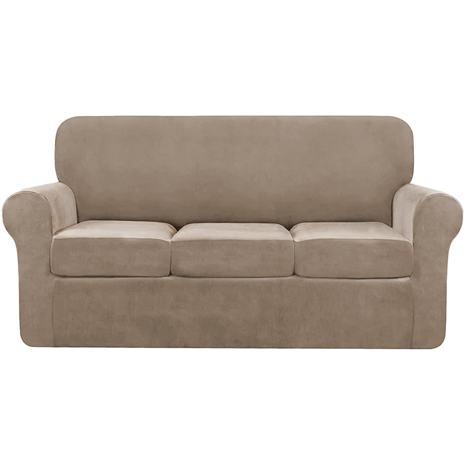 Housse de canapé velours sable anti-glisse avec 3 housses de coussin indépendantes