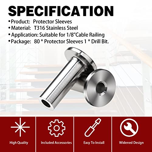 80 Pack Stainless Steel Protector Sleeves, T316 Marine Grade Cable Railing Kit With Drill Bit, Wood Post Protector Hardware For 1/8" Wire Rope Cable #TOP2