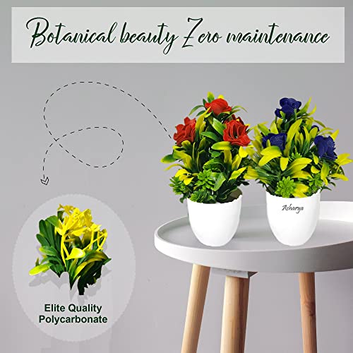 Image of Artificial Flower Plants for Home Decor - Set of 2 Mini Potted Plants in White Pots | Red & Blue Ideal for Living Room, Office, Indoor Outdoor Decoration