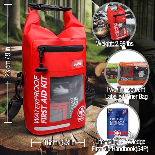 Image of 250 PCS Waterproof First Aid Kit, Roll Top Reflective Boat Dry Bag Bug Out Bags, Emergency Medical Kit Ideal for Boating, Camping, Fishing, Kayaking, Floating, Red