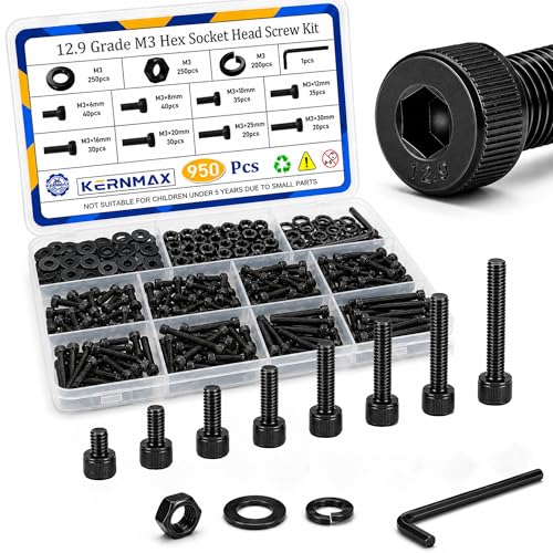 Kernmax 950PCS M3 Screws Assortment Kit, M3x6/8/10/12/16/20/25/30mm Hex Socket Head Cap Bolts Nuts Washers Set, 12.9 Alloy Steel Black Oxide M3 Metric Screw for 3D Printer, Electronic