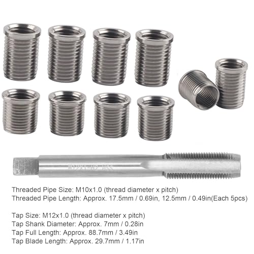 Kit di Riparazione della Filettatura della Candela, 10 Inserti Filettati M10x1.0 e 1 Maschio Filettato M12x1.0, Strumenti per Rubinetto della Candela per la Riparazione delle