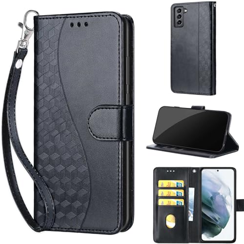 Protection Galaxy S22 étui à rabat portefeuille noir anti-choc avec dragonne amovible