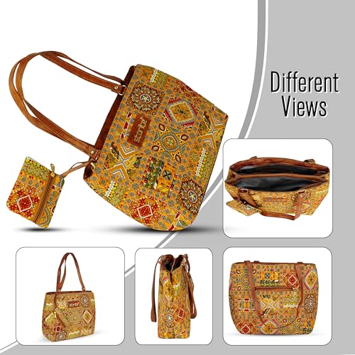 Image of Storite Women's Tote Bag with Leather Handles & Embroidery Printed Handbag with Zip Pockets, Shoulder Tote Bag and Handbag for Office and College
