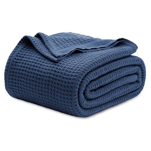 Bedsure 100% Cotton Blanket Twin XL Size for College Dorm - Cooling Breathable and Soft for Summer Waffle Weave Twin Blanket for Bed Dorm Room Essentials Navy 66x90 inches