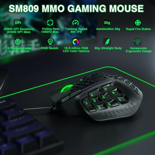 SOLAKAKA SM809 MMO Gaming Mouse Wired RGB with 9 Side Buttons, 22800 DPI High Precision Sensor Optical Ergonomic Gamer Mouse,16 Programmable Custom Macro Shortcuts Remapping PC Gaming Mice - Image 3
