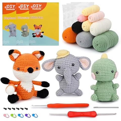 kdafio 3 Pcs Crochet Kit for Beginners, Crochet Animal Kit with Step-by-Step Instructions Video for Starter Includes Enough Yarn Hook Accessories Cover